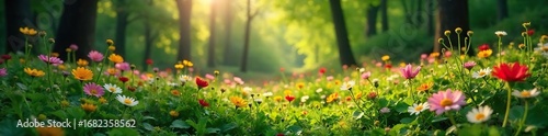 Lush green forest floor bursting with vibrant wildflowers in full bloom, sunlight dappling through the leaves A serene and colorful natural scene , foliage, growth, flora