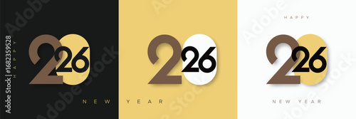 Minimalist typography design for Happy New Year 2026 with elegant color variations in black, gold, and white. Perfect for modern greeting cards, banners, and posters