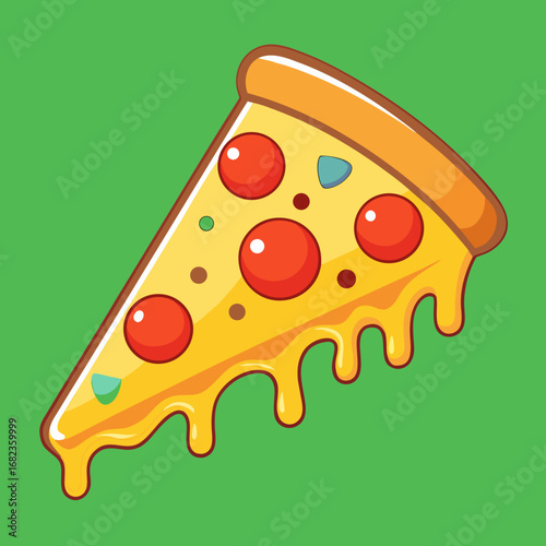 Vector illustration of hot cheese pizza slice with melting cheese and tomato toppings.