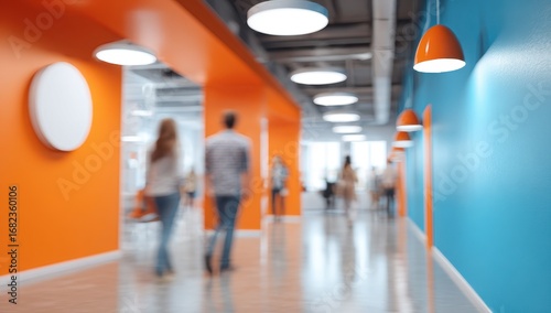 Blurry interior hallway, orange and blue walls