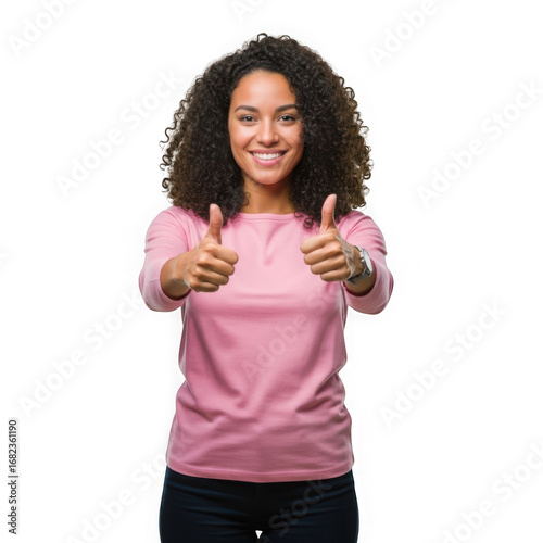 Young woman giving two thumbs up isolated on transparent background