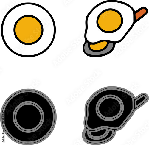 Four variations of an egg, showing raw and fried, with black and white versions.