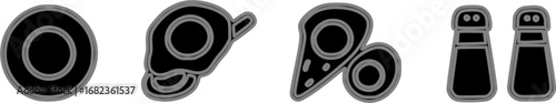 A collection of black and white icons depicting various food and kitchen items, including a plate, a frying pan with an egg, a pizza slice, and salt and pepper shakers.