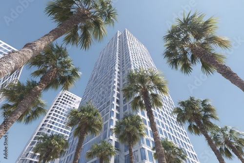 Tall skyscraper under clear blue sky with palm trees.