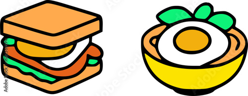 Cartoon drawing of a sandwich and a bowl of noodles with an egg.