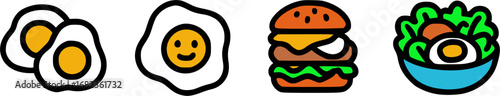 Cartoon illustration of fried eggs, a burger, and a salad.