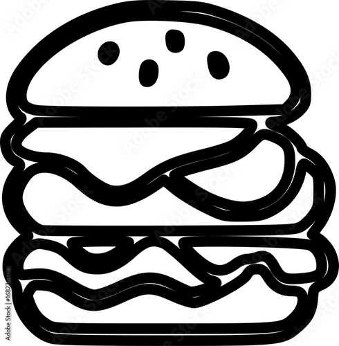 Simple black and white line art drawing of a double-decker hamburger with sesame seeds on the top bun, depicting a classic fast food item.