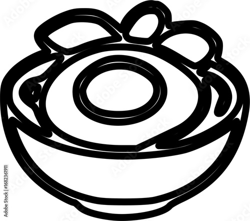 A simple black and white line drawing of a bowl of food with a central egg and surrounding ingredients.