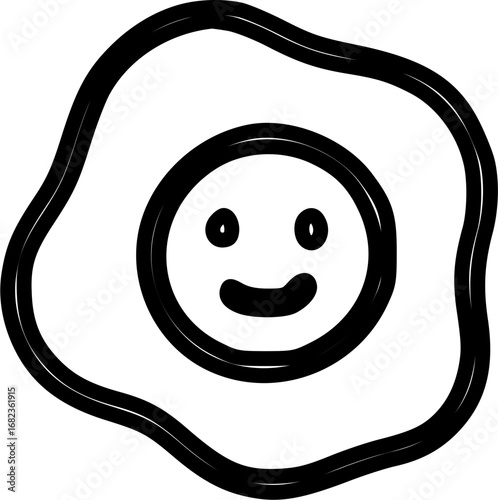 A simple black and white line art illustration of a happy fried egg with a smiling face in the yolk, depicting a cheerful breakfast item.