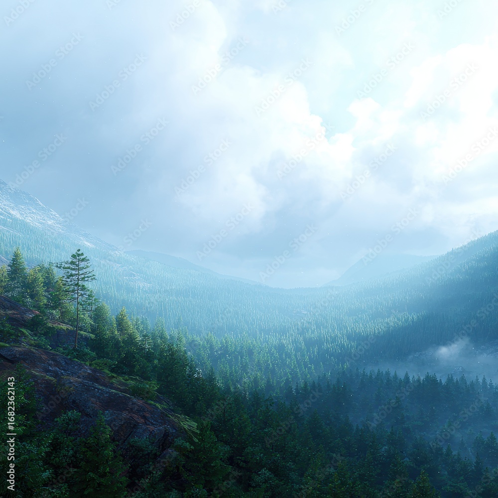 Obraz premium Misty mountain valley, dense forest