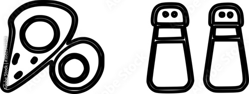 Outline drawing of breakfast food including fried eggs on toast and salt and pepper shakers, in a simple line art style.