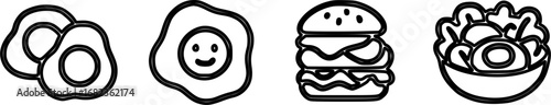 A selection of food icons including eggs, a burger, and a salad.