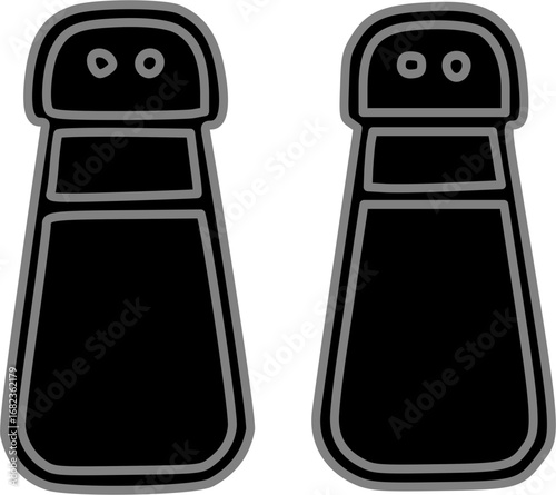 Two black salt and pepper shakers with grey outlines.