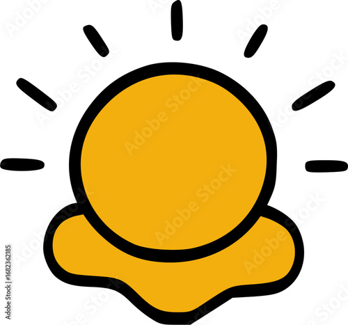 A vibrant yellow cartoon illustration of a sunny-side-up fried egg with radiating lines, depicting a cheerful breakfast item.