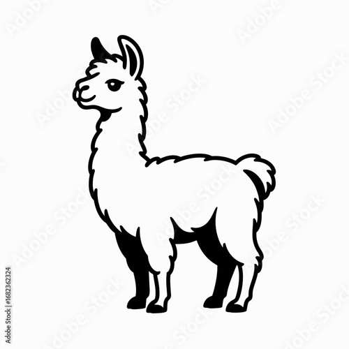 Stylized black and white illustration of a friendly llama standing