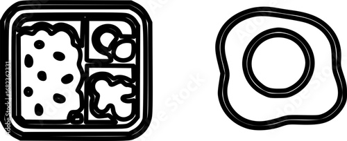 Black and white line art icons of a bento lunch box and a fried egg.
