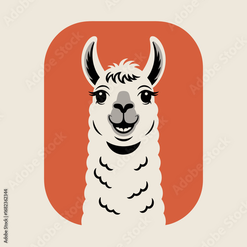 Cute cartoon llama portrait with friendly expression on a warm orange background