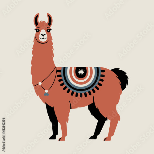 Cute illustration of a llama wearing a colorful saddle blanket