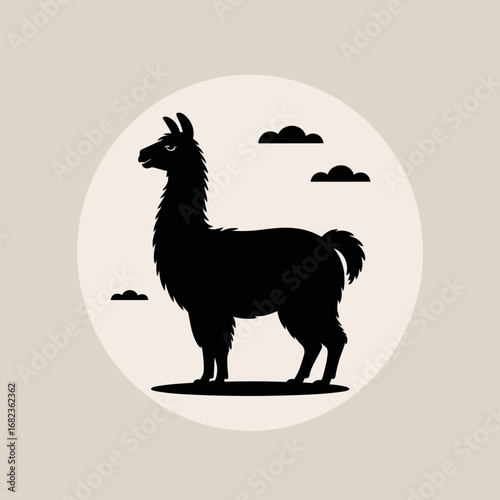 Black silhouette of a llama standing in a circle with clouds