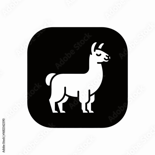Simple white llama icon on black square background