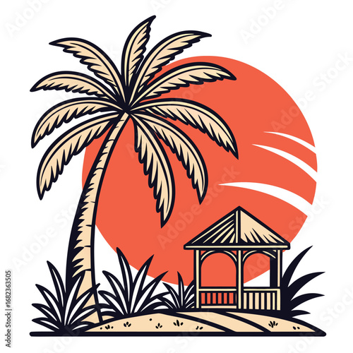 Vector art of palm tree and gazebo on a beach with a sunset