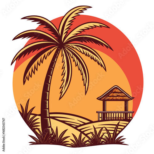 Vector art of tropical palm tree and gazebo on a beach at sunset in orange tones