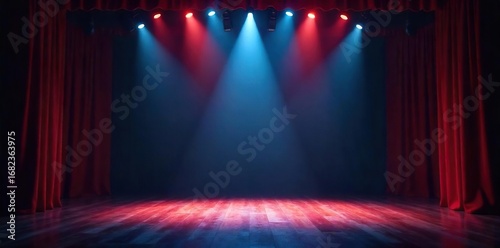 Empty Theater Stage Bathed in Bright Spotlight, Ready for a Performance