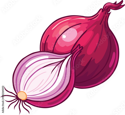 resh red onion with one whole bulb and one half cut, showing inner layers. Perfect ingredient for cooking, kitchen recipes, seasoning, vegetarian meals, organic food, and healthy cuisine
