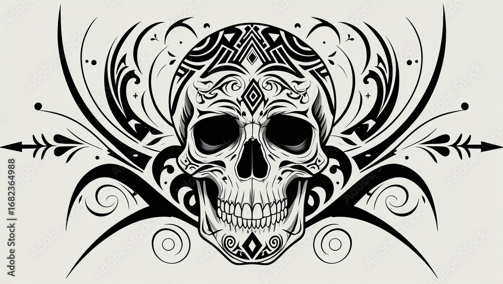 Fototapeta premium Skull tattoo design tribal vector art illustration graphic black and white halloween death skeleton ornament