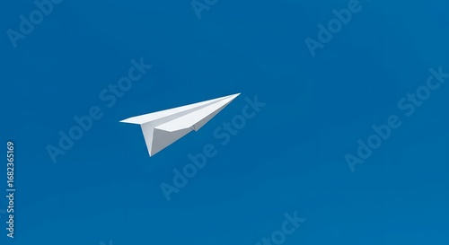 A simple, clean image of a white paper airplane flying upwards against a soft blue background, for success
