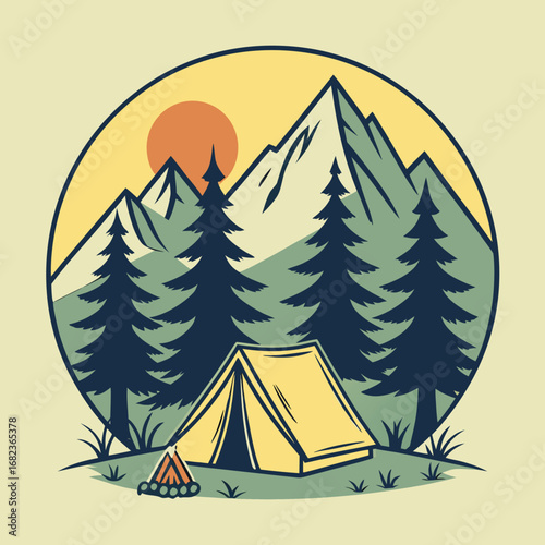 Vector art of camping scene with tent, trees, and mountains in a circle design with sun