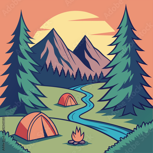 Vector art of camping adventure with tents, mountains, river and trees in nature scene