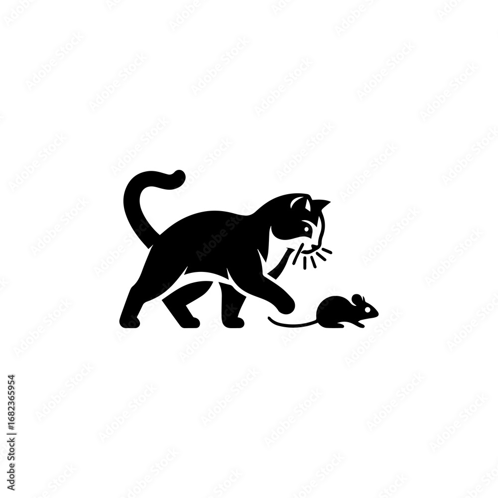Obraz premium Black cat stealthily stalking a tiny mouse, ready to hunt.