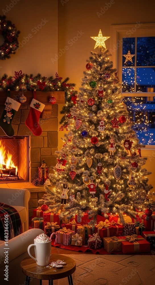 Obraz premium Cozy Holiday Living Room with Christmas Tree and Stockings