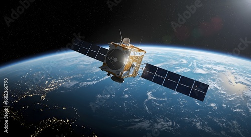 A glowing, futuristic satellite in orbit high above the Earth, with city lights visible below