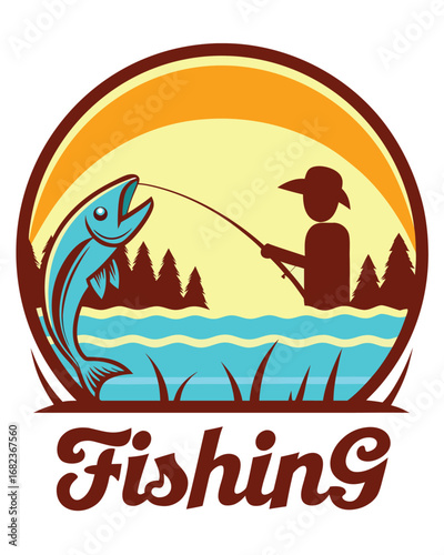 Vector art of fishing logo with fisherman catching fish in river near forest and sun