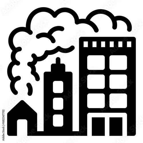 Urban Air Pollution from Industrial Factory Smog Vector Icon. A Detailed, Black and White Graphic for Environmental Issues, Sustainable Development, and Climate Change Reports