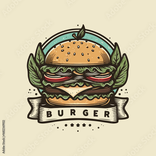 Burger illustration with fresh ingredients and tasty look.