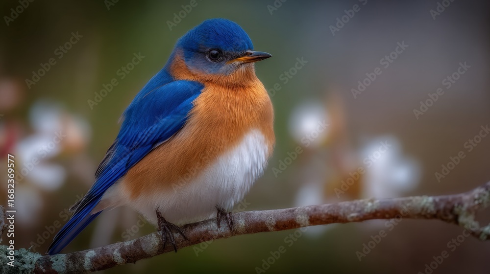 Obraz premium Vibrant Eastern Bluebird Perched on a Branch in Spring, Capturing Nature's Beauty and Serenity