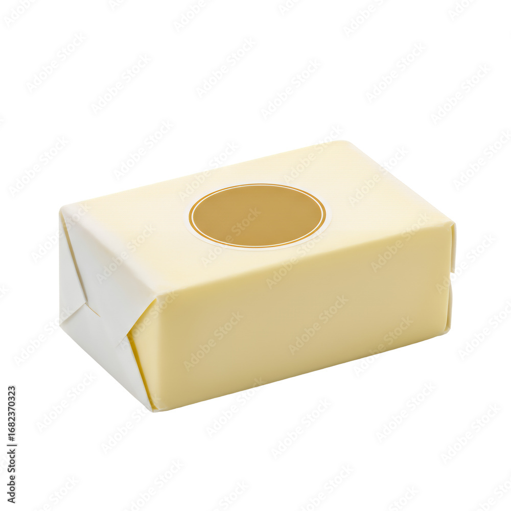 Fototapeta premium Butter wrapped in parchment paper with branded sticker seal, transparent background.