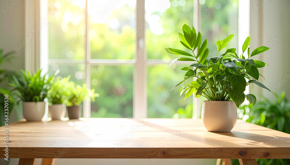 Fototapeta premium Indoor Oasis: Green Plants on Wooden Table by Window