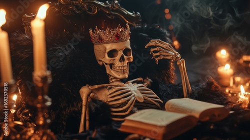 Regal skeleton reading by candlelight in a gothic setting