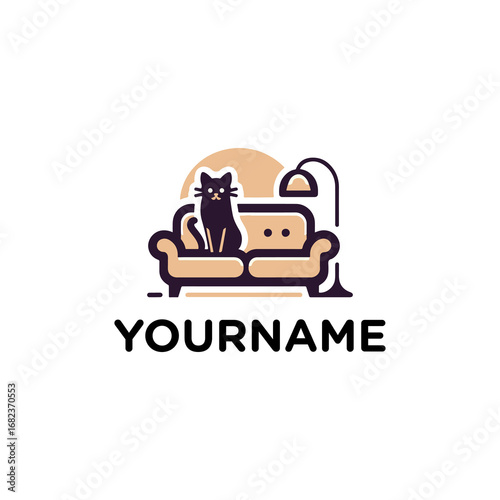 Cat sitting on sofa logo design for pet shop or furniture store.
