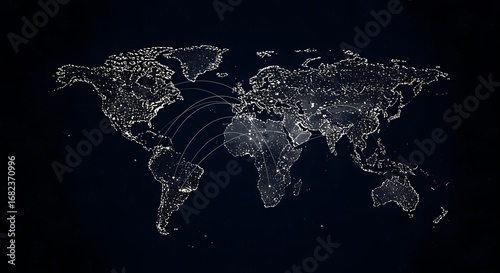 A world map made of glowing blue dots and connecting lines, symbolizing global networks and communication