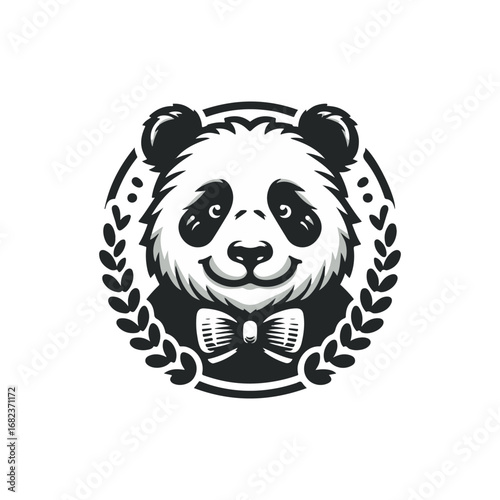 Charming panda in a bow tie, smiling, framed by a wreath.