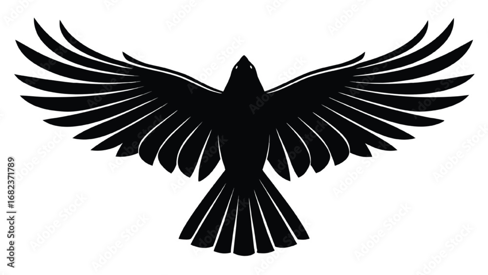 Obraz premium Black Silhouette of a Raven with Wings Spread on White Background