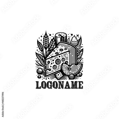 Cheese slice logo design with other food elements, black and white.