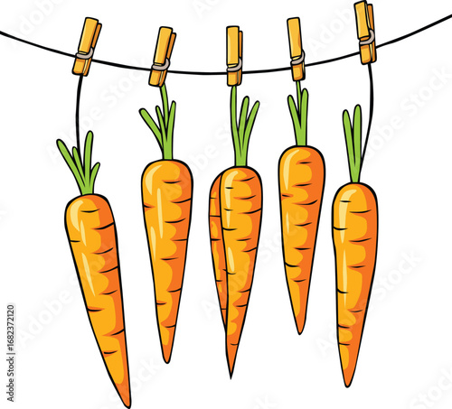 Fresh carrots hanging on a clothesline with clothespins. Creative concept for healthy food, farming, harvest, organic vegetables, nutrition, kitchen decor, vegetarian lifestyle, and freshness.