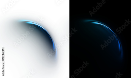 Futuristic abstract design set with a glowing blue crescent light, resembling a planetary eclipse, on contrasting black and white backgrounds

