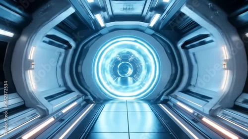 Futuristic sci-fi tunnel with glowing portal, ideal for space exploration, and fantasy projects,